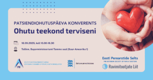 Eestikeelne konverentsikutse, millel on vasakul pool tekstiandmed ja logod ning paremal pool foto punast südant hoidvatest kättest. Tegemist on patsiendi ohutuse ja tervise teemalise üritusega, mis toimub 16.09.2025 Tallinnas.