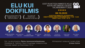 2025. aasta kohalike valimistel toimuva puuetega inimeste kaasamist käsitleva debati eestikeelne plakat, millel on esinejate fotod, ürituse üksikasjad, ajakava ja moderaator Urmas Vaino, tumedal taustal kollaste ja siniste aktsentidega.