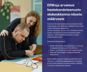 Puudega mees töötab koos naisega mõistatuse kallal. Nende kõrval on eestikeelne plakat sotsiaalteenuste elukeskkonna kohta, sotsiaalministri määruse ja Eesti Puuetega Inimeste Koda kehtestatud hooldusnõudeid jagades.
