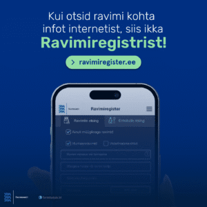 Nutitelefon näitab Ravimiregister.ee veebilehte. Üleval on eestikeelne tekst: Kui otsid usaldusväärset infot või teavet ravimite kohta internetist, siis ikka Ravimiregistrist! Ravimiregister.ee nupp on allpool.