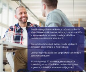 Kaks inimest istuvad kontoris laua taga ja vestlevad soojalt - üks naeratab, pliiats käes, teine kuulab. Stseeni kohal on eestikeelne tekst Eesti Puuetega Inimeste Koda töötoast puudega inimeste toetused.