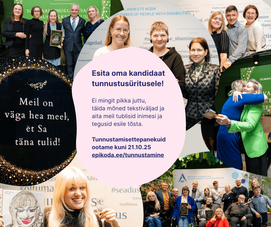 Kollaaž, kus inimesed naeratavad auhindade üleandmise üritusel, hoiavad käes tunnistusi ja poseerivad koos. Eestikeelne tekst julgustab esitama auhinna kandidaate, koos esitamise tähtaja ja lingiga. Roheline ja sinine taust koos õhupallide ja märkidega.