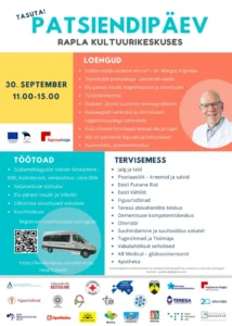 Raplamaa patsiendipäevade plakat Rapla Kultuurikeskuses 30. septembril kell 11:00-15:00, kus toimuvad tervisekirjanduse loengud, töötoad, tasuta kontrollid. Üritust toetavad sponsorid ja organisatsioonid. Vaata koos meiega Raplamaa tervise tulevikku aastal 2025!.