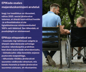 Vasakul on tekst: EPIKoda osales majanduskomisjoni arutelul Isegi, kui teadlikkus on tõusuteel, näitas 2025. aastal TTJA järelevalve tulemus, et üheski kontrollitud hoolde -ja erihooldekodus ei ole ligipääsetavuse miinimumnõuded 100%-selt täidetud. See tähendab, et puudujäägid on süsteemsed. EPIKoja ettepanekud on: • koostada riigi tellimusel selgete ja üheselt rakendatavate juhistega sisuline rakendusjuhis praktikas keerukate olukordade lahendamiseks, • töötada juhis välja koostöös asjasse puutuvate osapooltega, • tõhustada riiklikku järelevalvet suunates valdkonda rahastust, mis kataks hoonete ja teede järelevalve suuremas ulatuses, sh nõustamine. Paremal istub mees musta värvi metalist pargipingil, ratastooliga laps on tema paremal käel