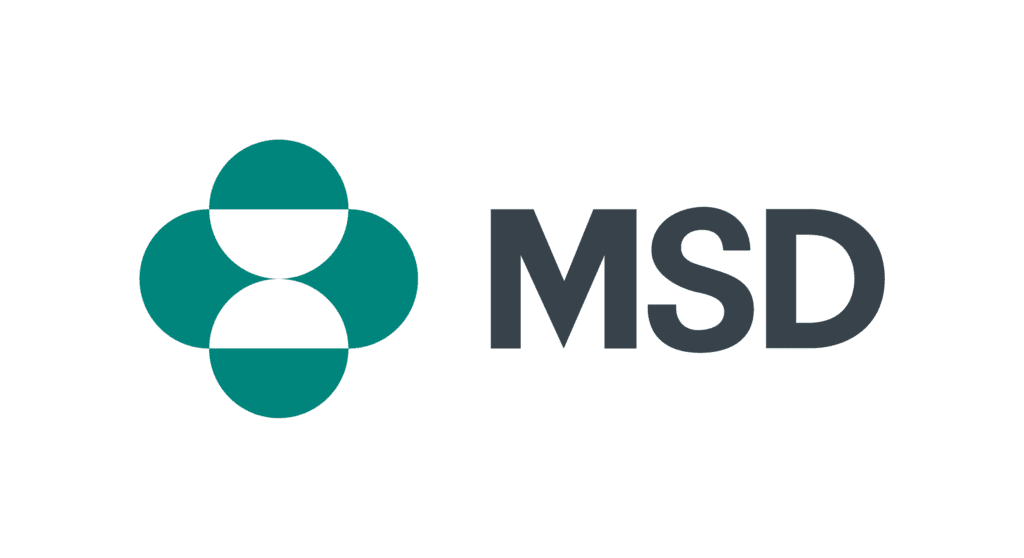 Ettevõtte MSD logo. Vasakul küljel rohelised, pooleldi täidetud rõngad ning paremal trükitähtedes tumeda tooniga kiri MSD.