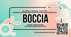 Plakati alusmises ja ülemises nurgas on kujutatud ratastoolis inimest, kes viskab palli. Keskel on info ürituse kohta - toimumiskoht, -aeg ja QR kood täpsema info saamiseks
