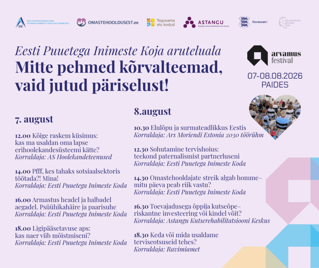 7.-8. augustil Paides toimuva Arvamusfestivali Eesti Puuetega Inimeste Koja aruteluala "Mitte pehmed kõrvalteemad, vaid jutud päriselust!" arutelude kava