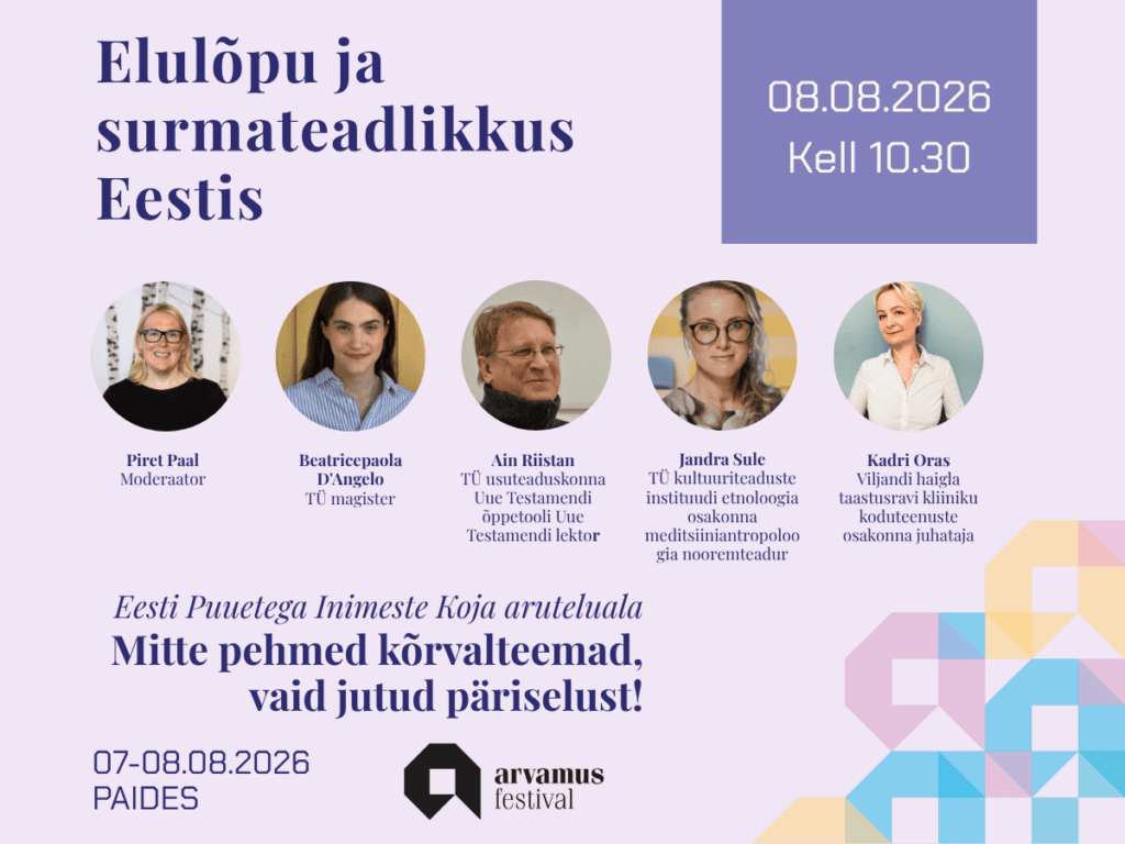 Heleroosal taustal EPIKoja aruteluala infograafika: Mitte pehmed kõrvalteemad, vaid jutud päriselust! Arutelu Elulõpu ja surmateadlikkus Eestis. Moderaator Piret Paal, osalejad Beatricepaola D'Angelo (TÜ magister), Ain Riistan (TÜ), usuteaduskonna Uue Testamendi õppetooli Uue Testamendi lektor
Jandra Sule (TÜ), kultuuriteaduste instituudi etnoloogia osakonna meditsiiniantropoloogia nooremteadur
Kadri Oras (Viljandi haigla), taastusravi kliiniku koduteenuste osakonna juhataja