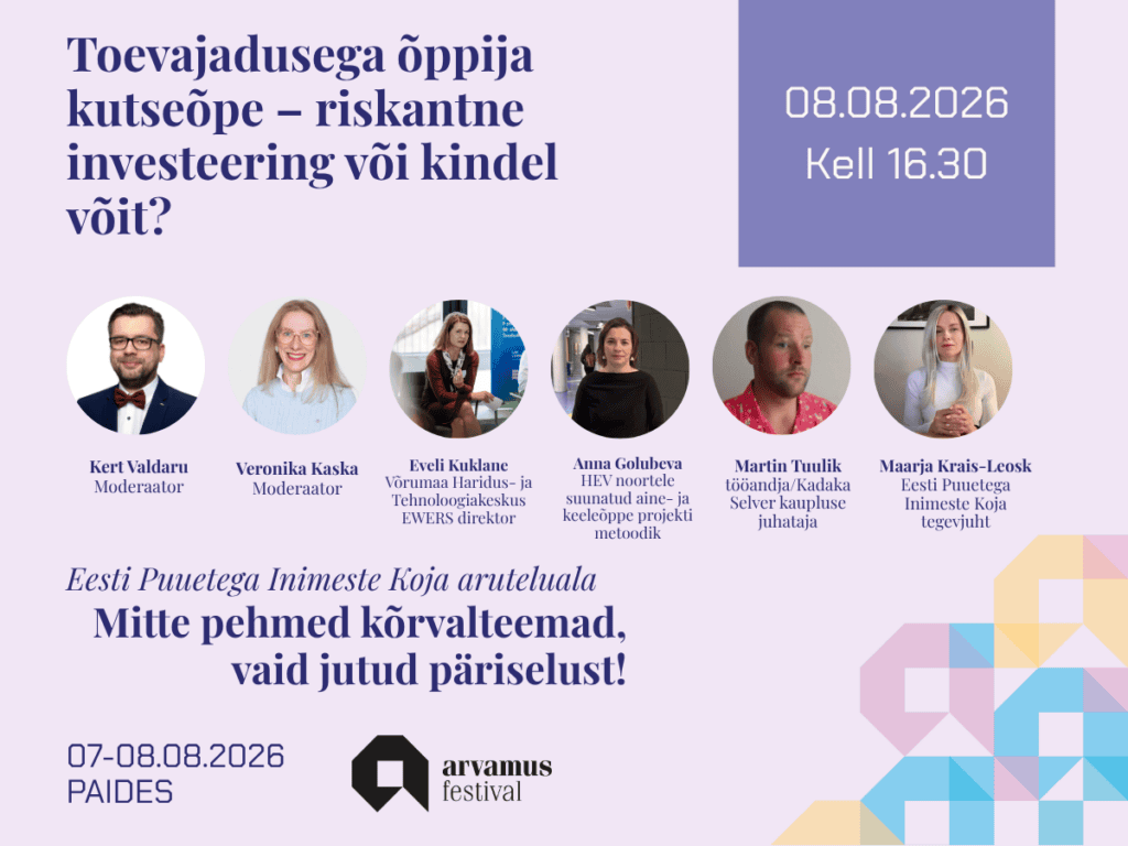 Heleroosal taustal Eesti Puuetega Inimeste Koja aruteluala Mitte pehmed kõrvalteemad, vaid jutud päriselust arutelu Toevajadusega õppikja kutseõpe - riskantne investeering või kindel võit? infokraafika. Piltidel arutelu juhid Kert Valdaru ja Veronika Kaska, ja panelistid Eveli Kuklane, Anna Golubeva, Martin Tuulik, Maarja Krais-Leosk- 08.08 16.30