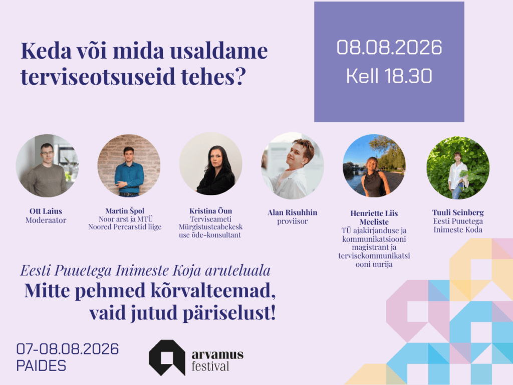 Heleroosal taustal EPIKoja aruteluala infograafika: Mitte pehmed kõrvalteemad, vaid jutud päriselust! Arutelu Keda või mida usaldame. terviseotsuseid. tehes? Moderaator Ott Laius, osalejad Noor arst ja MTÜ Noored Perearstid liige Martin Špol Terviseameti Mürgistusteabekeskuse õde-konsultant Kristina Õun, Patsiendiorganisatsiooni esindaja Tuuli Seinberg , Proviisor Alan Risuhhin, TÜ ajakirjanduse ja kommunikatsiooni magistrant ja tervisekommunikatsiooni uurija Henriette Liis Meeliste